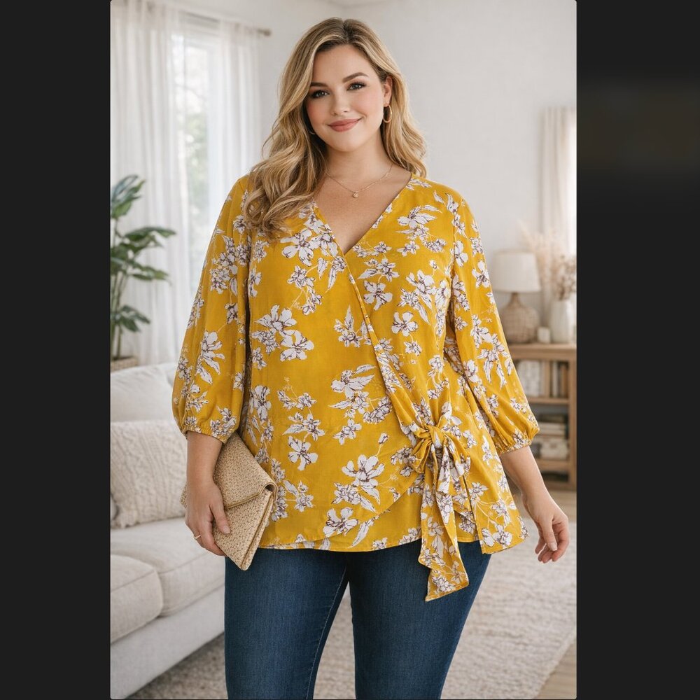 West Kei Allura Knot Blouse 2X Yellow Floral Side Tie Stitch Fix Cottage Prairie